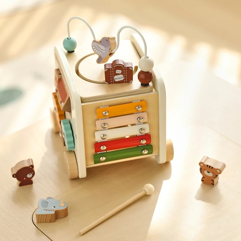 Montessori Wooden Children Toys Busy Toys Educational Games Bus 5 in 1 Busy Box Toys Montessori Baby Toys 0 12 months Gifts Kids