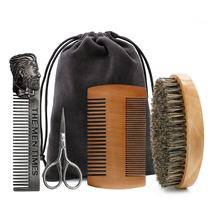 5pcs Beard Brush & Styling Kit - Boar Bristle Brush, Double-Sided Wooden Comb, Scissors, Hair Comb, Professional Grooming Tools