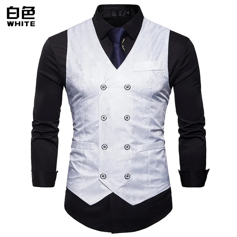 New Men's High-end Jacquard Suit Vest Fashion Double Breasted Slim Vintage Print Formal Waistcoats Men Party Wedding Vest Jacket