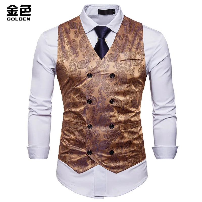 New Men's High-end Jacquard Suit Vest Fashion Double Breasted Slim Vintage Print Formal Waistcoats Men Party Wedding Vest Jacket