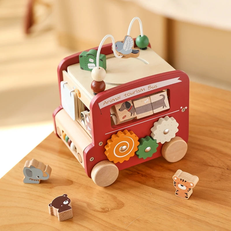 Montessori Wooden Children Toys Busy Toys Educational Games Bus 5 in 1 Busy Box Toys Montessori Baby Toys 0 12 months Gifts Kids