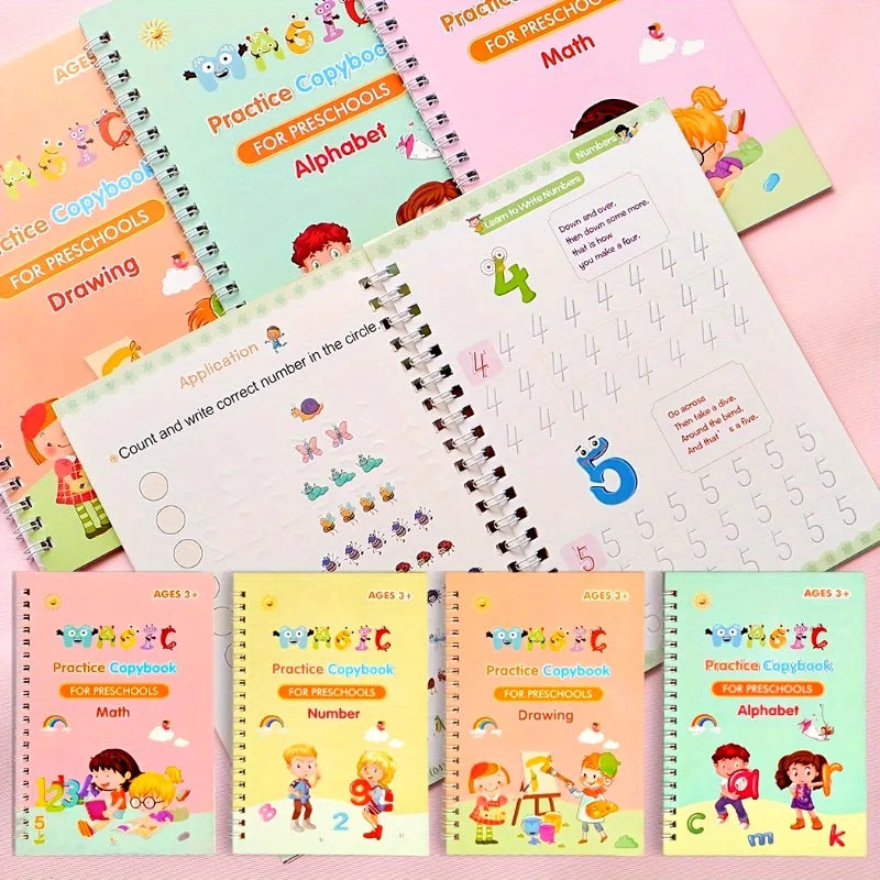 3D Groove Writing Pad Children's Magic Practice Copybooks Set with Pen Reusable Kids Workbooks for Handwriting  4-Pack