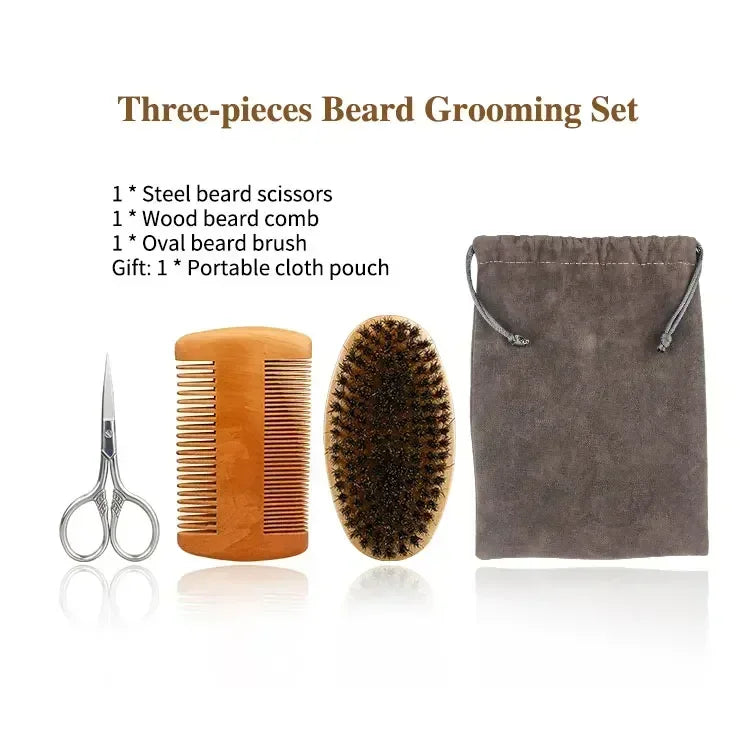 Boar Bristle Wood Beard Brush Kits With Gift Bag Professional Soft Hairdresser Shaving Brush Comb Set Men Mustache Combs