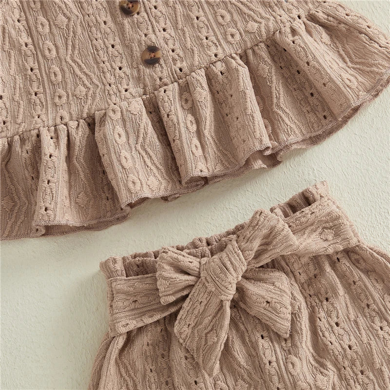 Toddler Kids Girls Clothes Set Fashion Toddler Girls Hollowed Camisole with Tie-up Shorts Solid Summer 2-piece Outfit