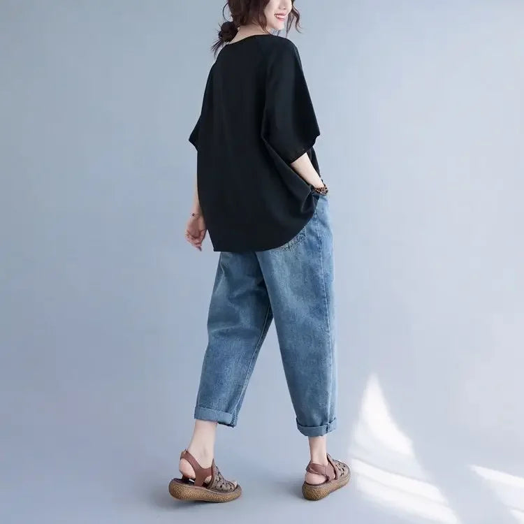 Women summer 2025 new short-sleeved thin loose T-shirt top