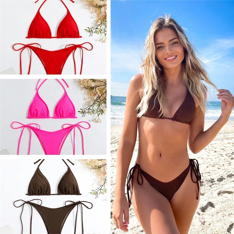 Sexy Women Thong Solid Color Bikini Set Women Side Halter Tie Swimsuit Split Strap Adjustable Brazilian Swimwear Beachwear