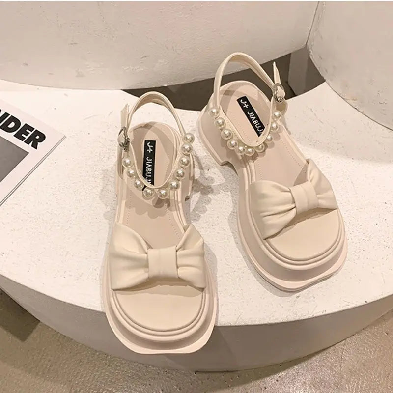 Summer 2025 Sandals for Women Platform One Word Pearl Ladies Shoes Open Toe Beach Wholesale Daily Original Vintage Vip Footwear