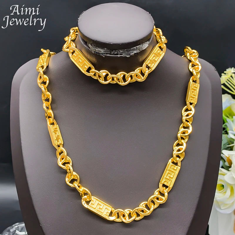 Hip Hop Trendy African Jewelry Sets for Men Women Chunky Necklace Bracelet Gold Plated Fashion Jewellery for Party Daily Gifts