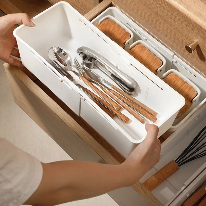 Kitchen Telescopic Drawer Organizer Cabinets Tableware Classified Storage Box with Partitions Multifunctional Storage basket