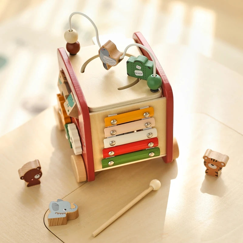 Montessori Wooden Children Toys Busy Toys Educational Games Bus 5 in 1 Busy Box Toys Montessori Baby Toys 0 12 months Gifts Kids