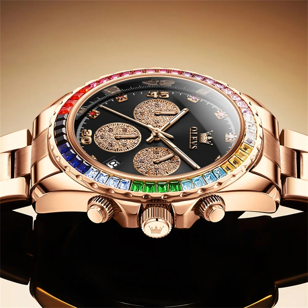 Watches For Men OLEVS Original Rainbow Gem Light Rose Gold Luxury Series Quartz Watch Waterproof Steel Strap Men's Watch New