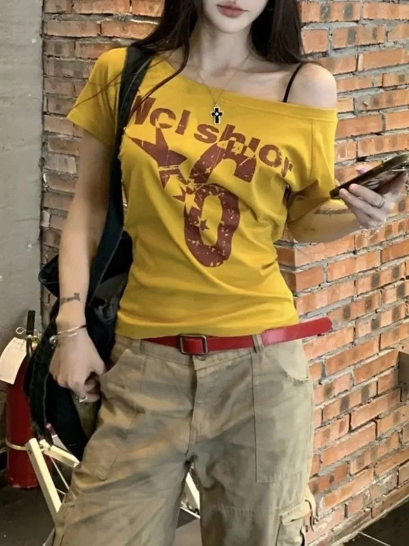 Summer Woman Cotton Outfit One Shoulder T-shirt Cuteore Streetwear Clothing Graphic T Shirts Y2k Ladies Korean Tops Kpop Tshirt