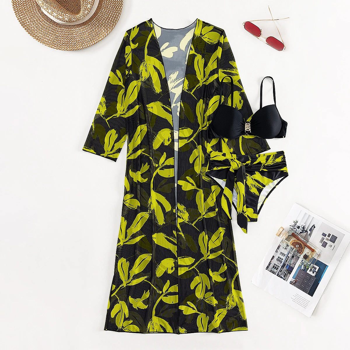 2023 Three Pieces Bikini Set Cover Up Swimwear Women Swimsuit Print Long Sleeve Push Up Bathing Suit Beachwear Swimming Biquini