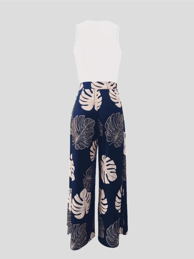Summe Two Piece Outfits Woman New Women's Elegant Casual Hollow O Neck Short Vest Printed Trousers Set Women Clothes