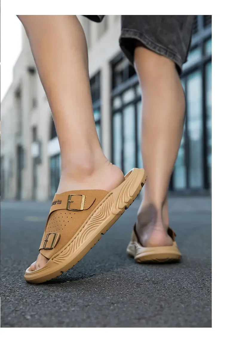 New Business Style Sandals For Men Handmade One Strap Slides Casual Outdoor Beach Walking Comfortable Non-Slip Footwear