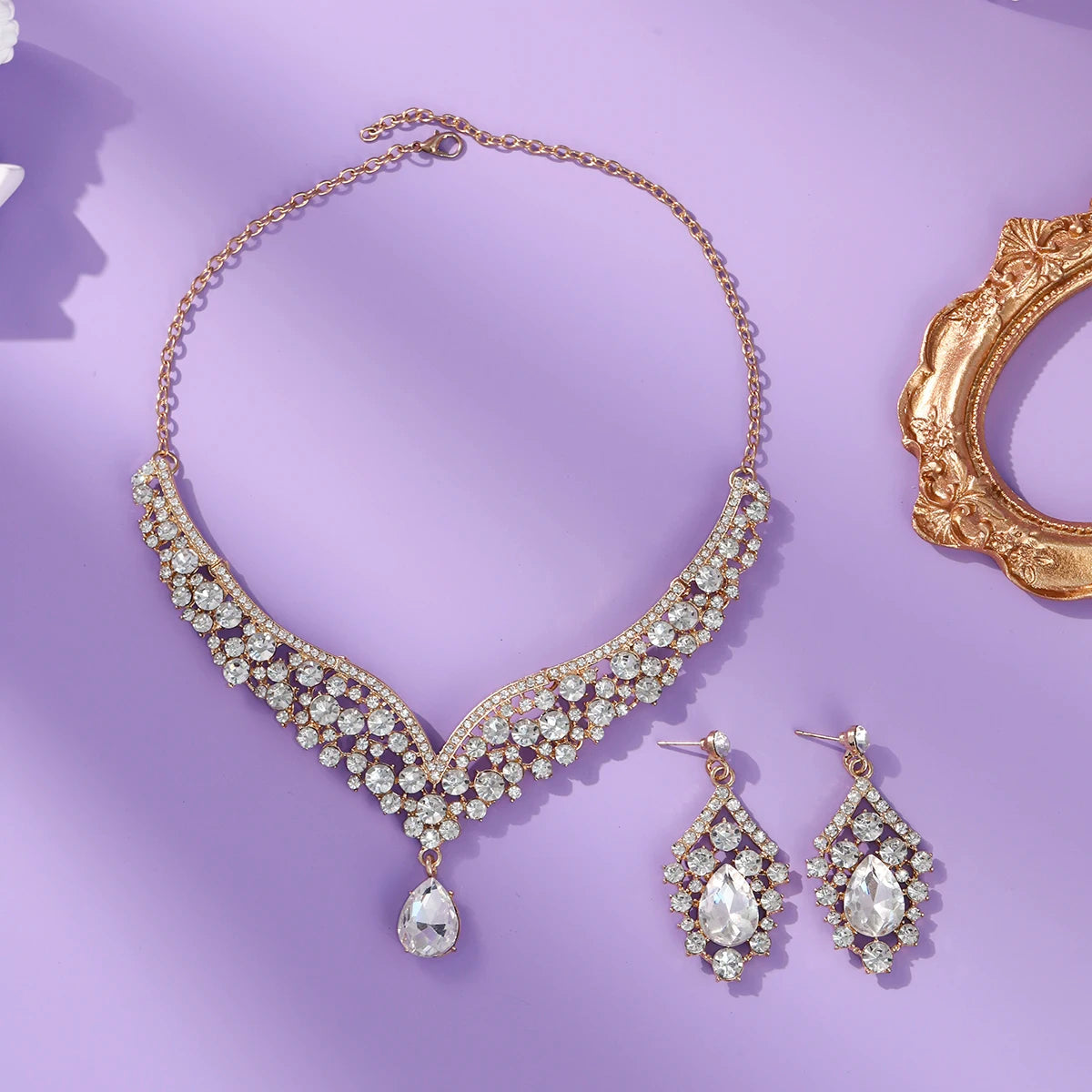 Royal Blue Crystal Wedding Jewelry Sets for Brides Luxurious V-Shape Water Drop Necklace Earrings Set Fashion Trendy Jewelry Ac
