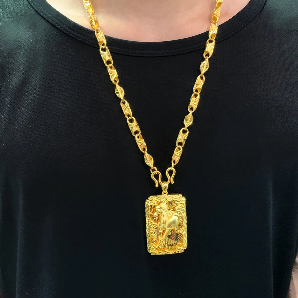 Luxury 24K 9999 Pure Gold real gold Men's Horse to Success Pendant Necklace