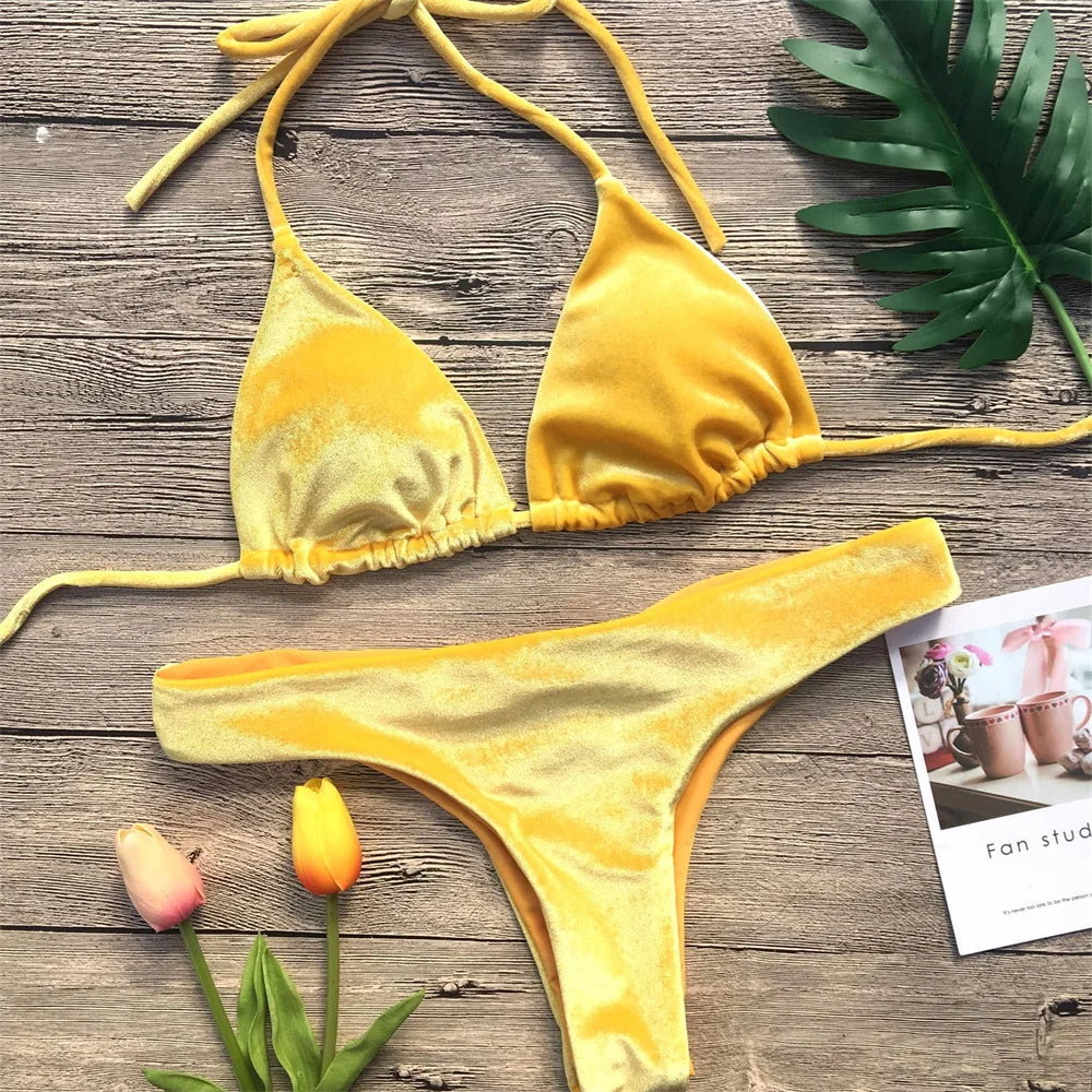 Velvet Bikini Thong Halter Strappy Swimsuit Classic Swimwear Two Piece Women 2026 Beach Outfit Triangle Bikinis Set Bathing Suit