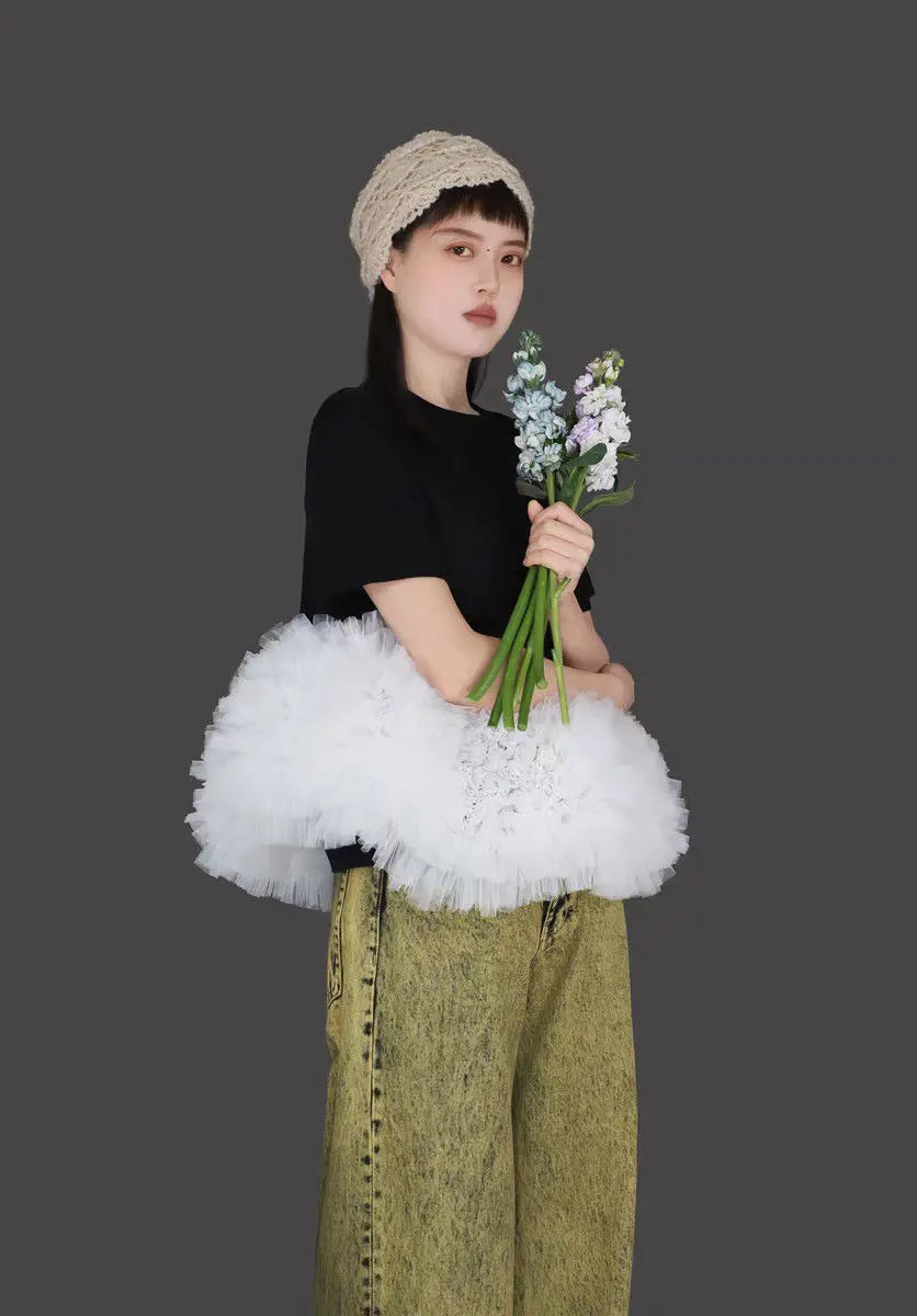 Summer Woman Fairy Mesh Spliced Ruched T-shirt Multi-Layers Gauze Ruffles Patchwork Tees Net Yarn Pleated Jumpers Crop Tops 2025