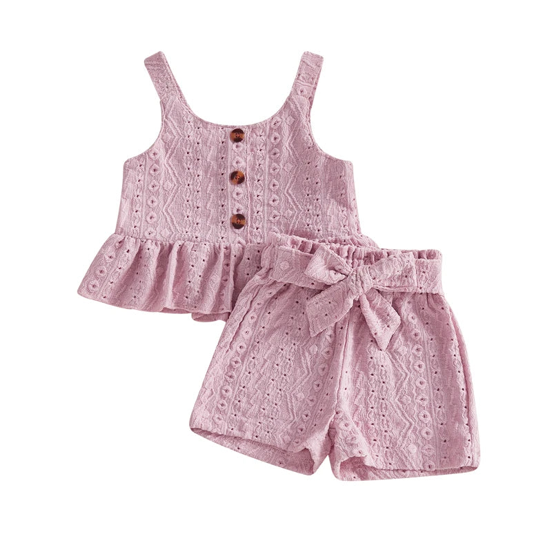 Toddler Kids Girls Clothes Set Fashion Toddler Girls Hollowed Camisole with Tie-up Shorts Solid Summer 2-piece Outfit