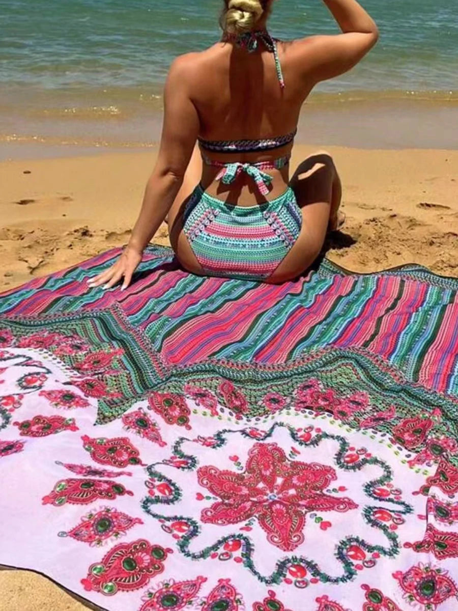3 Pieces Printed Cross Bikinis 2026 Women Padded Swimwear With Outer Drape Swimsuit Female Bathers Bathing Swimming Suit