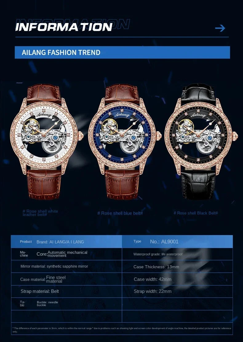 High-End Waterproof Automatic Mechanical Watch with Genuine Leather Strap And Stainless Steel Transparent Back Cover