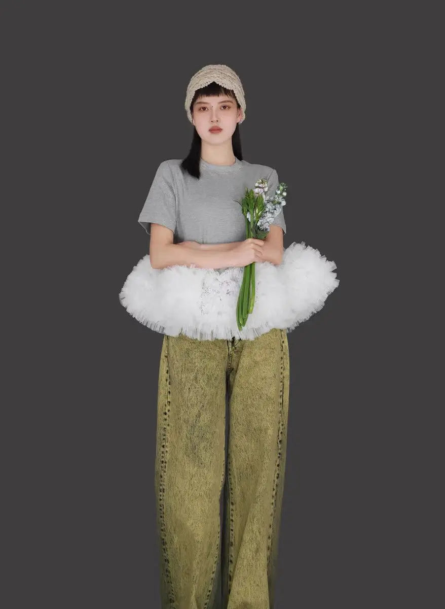 Summer Woman Fairy Mesh Spliced Ruched T-shirt Multi-Layers Gauze Ruffles Patchwork Tees Net Yarn Pleated Jumpers Crop Tops 2025