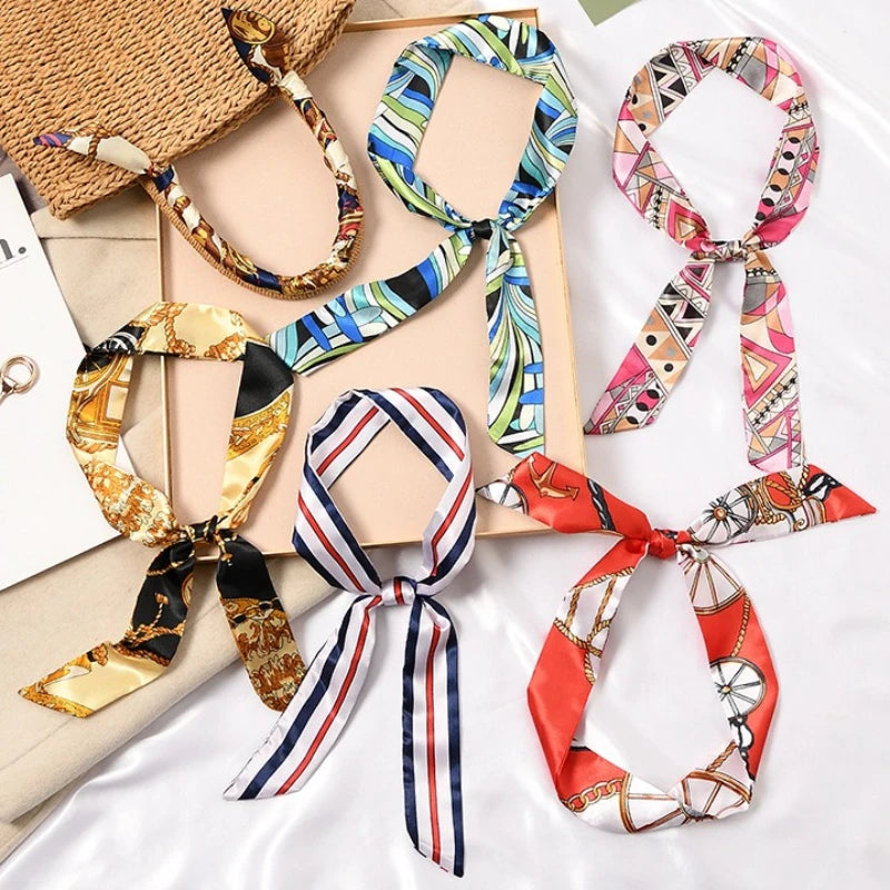 Skinny Silk Scarf Hair Strip Silk Ribbon Small Neck Scarves Bag Handle Ribbon Scarf Kerchief Ladies Ribbon Hair Band Small Scarf