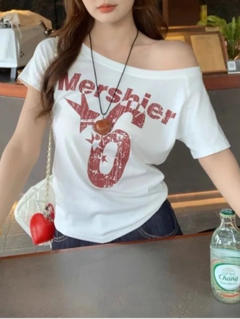 Summer Woman Cotton Outfit One Shoulder T-shirt Cuteore Streetwear Clothing Graphic T Shirts Y2k Ladies Korean Tops Kpop Tshirt