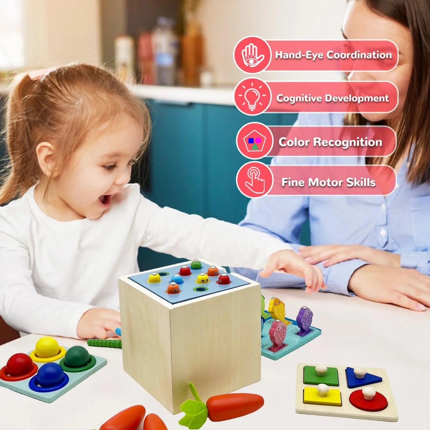 Montessori  Wooden Toy Includes Color Sorting  ,Pulling Carrots, Fishing, Insect Catching Games, Fine Motor Skills Toy