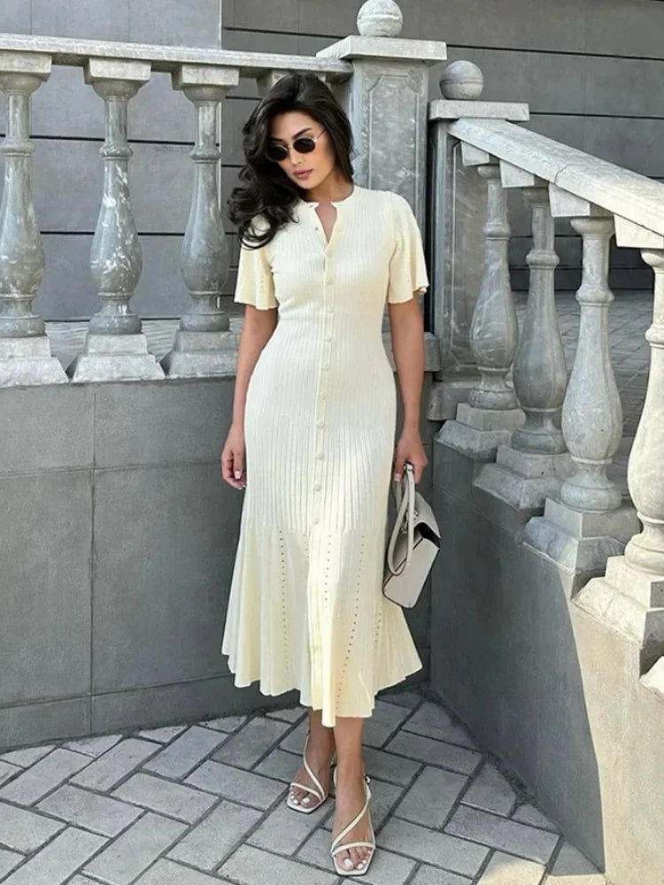 Elegant Pleated Hem Street Fashion O Neck Bell Sleeve Slim Knit Midi Dress 2026 Women Summer Beach Swimsuit Cover Up Tunic A3055