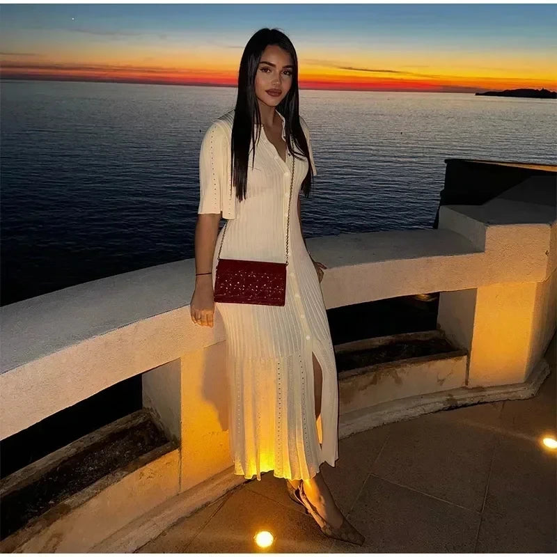 Elegant Pleated Hem Street Fashion O Neck Bell Sleeve Slim Knit Midi Dress 2026 Women Summer Beach Swimsuit Cover Up Tunic A3055