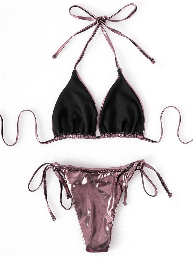 3 Pieces Bikini Set Pleate Skirt Glossy Solid Gold Swimsuit Halter Push Up Bra Beach Bathing Suit Swimwear Bronzing Fabric Wear