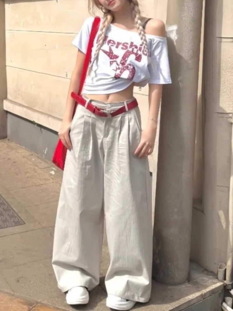 Summer Woman Cotton Outfit One Shoulder T-shirt Cuteore Streetwear Clothing Graphic T Shirts Y2k Ladies Korean Tops Kpop Tshirt