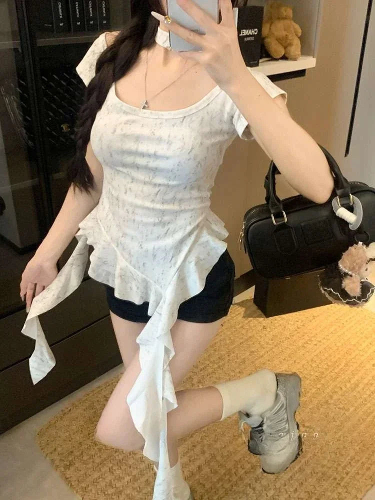 Summer Woman Tshirts Sweet Crop Tops 2025 Ropa Mujer Koream Camisetas Tunic Sexy Tees Chic Tie-dye Ruffles Irregular Y2k T-shirt