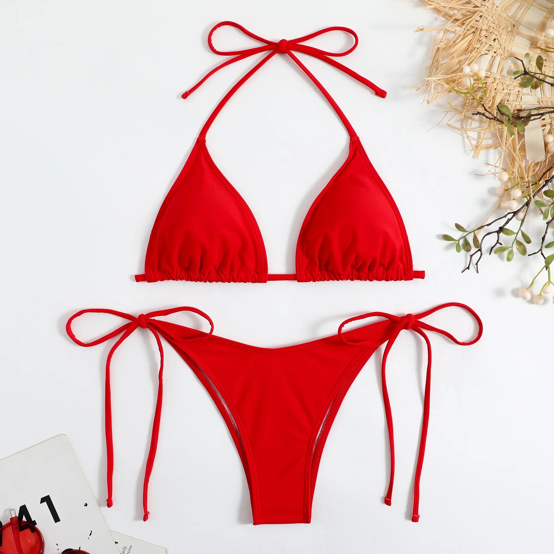 Sexy Women Thong Solid Color Bikini Set Women Side Halter Tie Swimsuit Split Strap Adjustable Brazilian Swimwear Beachwear