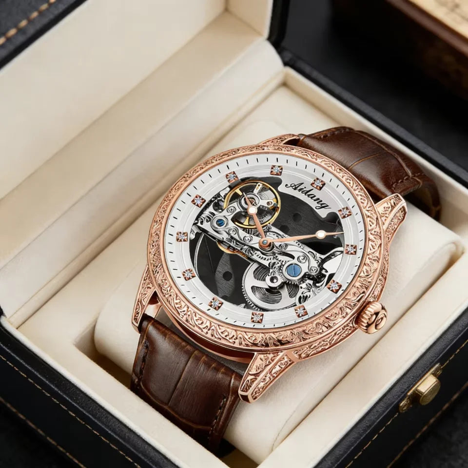 High-End Waterproof Automatic Mechanical Watch with Genuine Leather Strap And Stainless Steel Transparent Back Cover