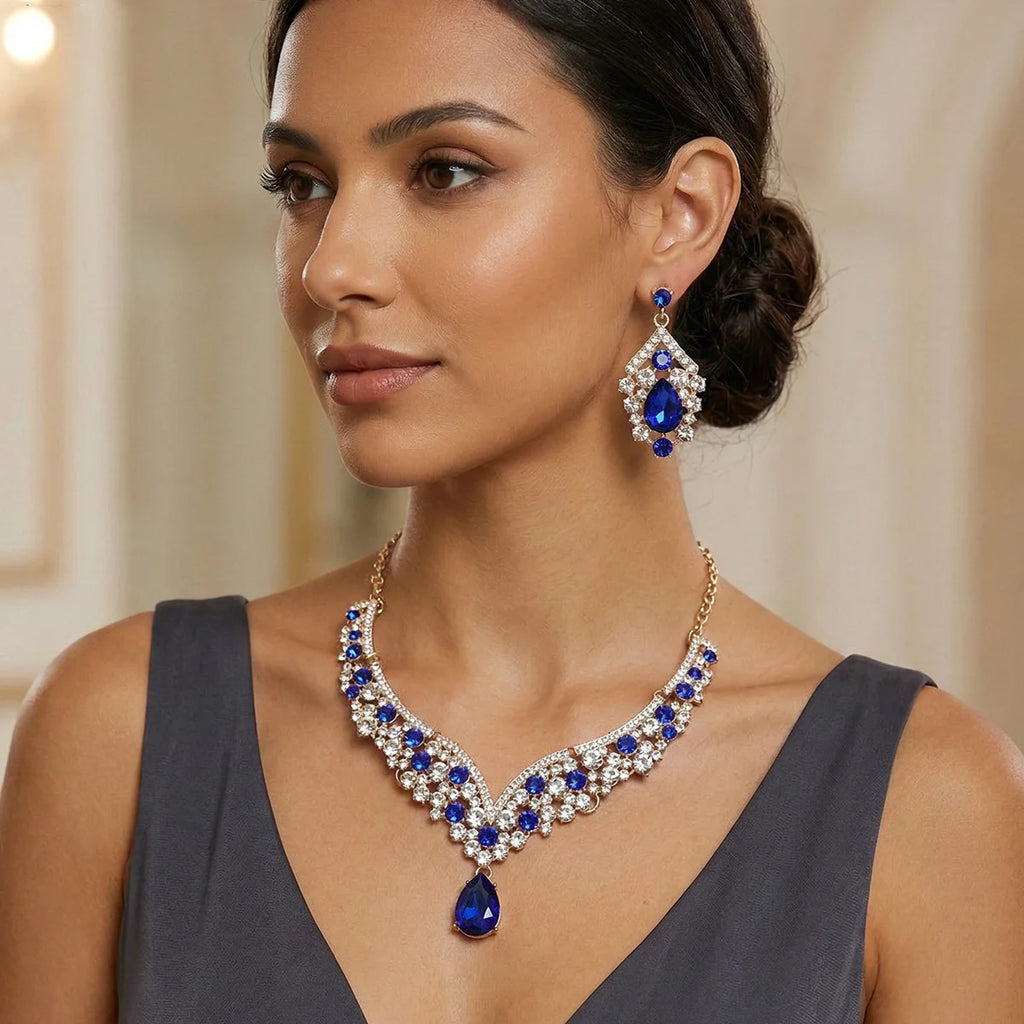 Royal Blue Crystal Wedding Jewelry Sets for Brides Luxurious V-Shape Water Drop Necklace Earrings Set Fashion Trendy Jewelry Ac