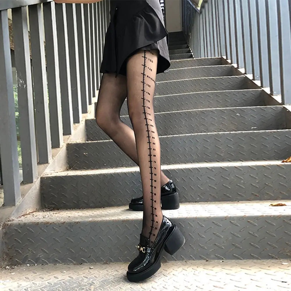 Woman Sexy Tights With Patterned Tattoos Pantyhose Inscriptions Flower Letter Ruler Tights Ladies Thin Long Black Stockings