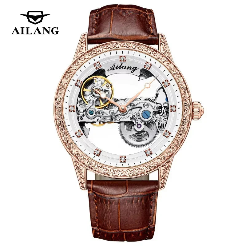 High-End Waterproof Automatic Mechanical Watch with Genuine Leather Strap And Stainless Steel Transparent Back Cover