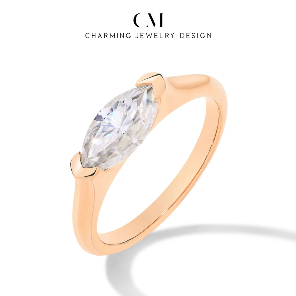 CHARMING Luxury Pure 10K 14K 18K Gold Moissanite Ring Lab Diamond Marquise Cut for Men Women Engagement Party Fine Jewelry Gifts