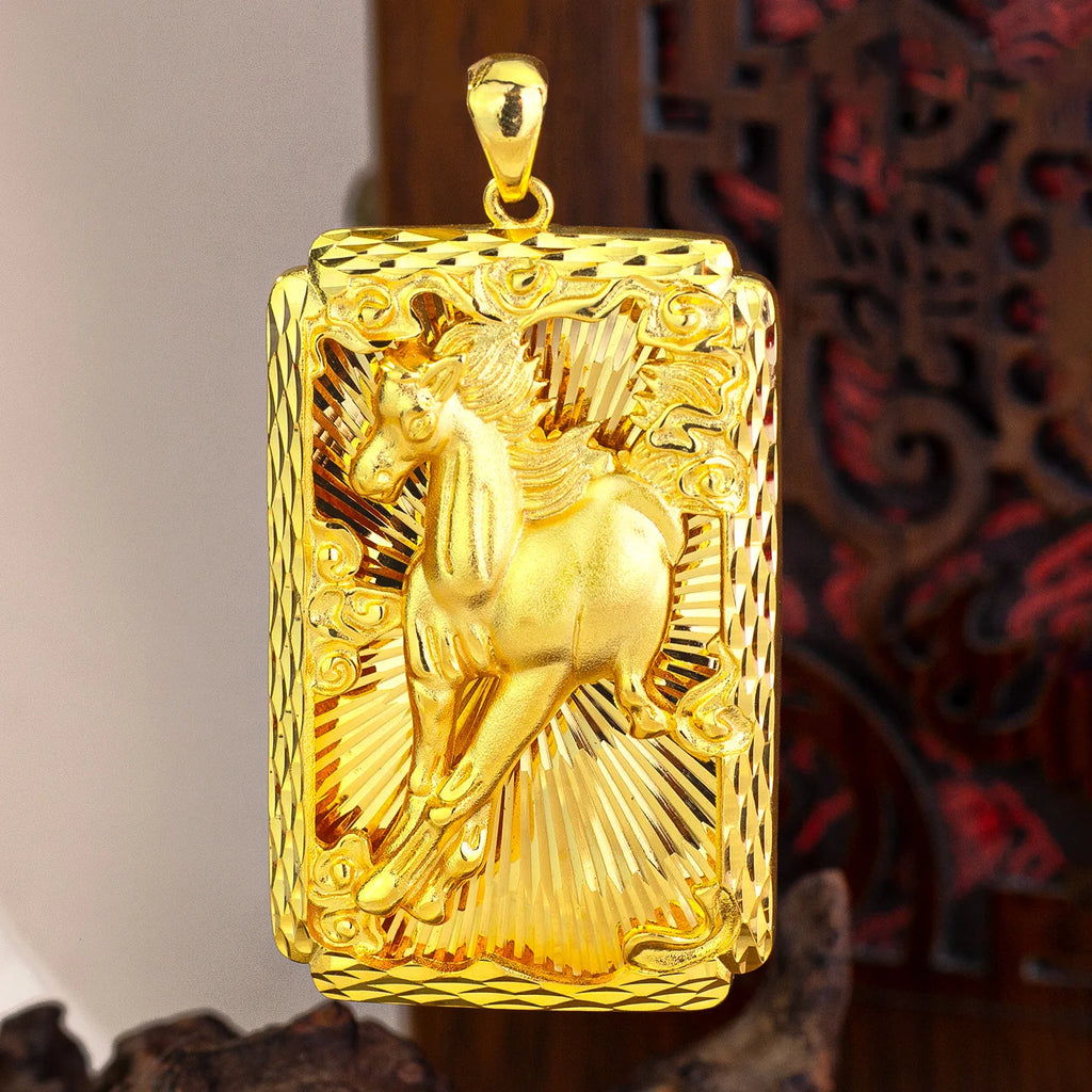 Luxury 24K 9999 Pure Gold real gold Men's Horse to Success Pendant Necklace