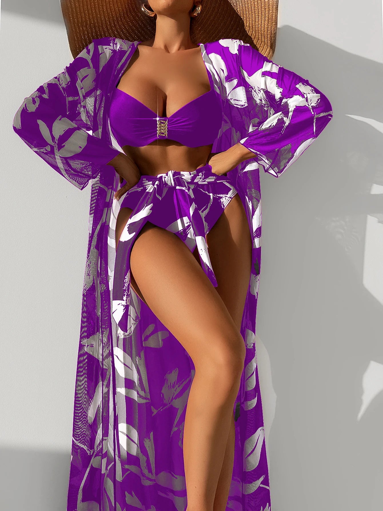 2023 Three Pieces Bikini Set Cover Up Swimwear Women Swimsuit Print Long Sleeve Push Up Bathing Suit Beachwear Swimming Biquini
