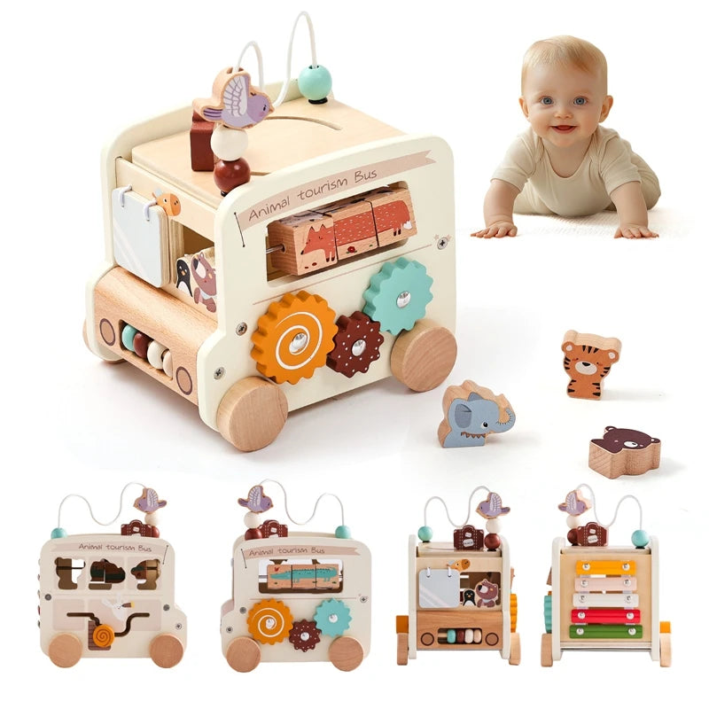 Montessori Wooden Children Toys Busy Toys Educational Games Bus 5 in 1 Busy Box Toys Montessori Baby Toys 0 12 months Gifts Kids