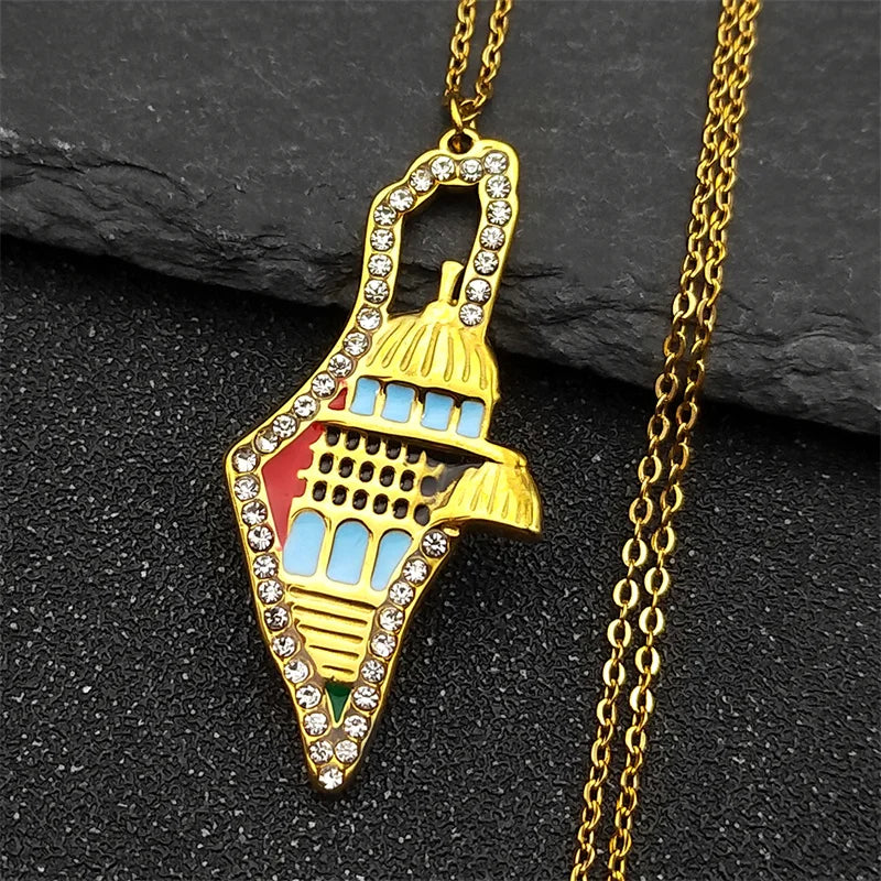 Jerusalem Palace Israel Map Necklace for Women Men Stainless Steel Gold Color Jewish Judaism Chain Jewelry collares