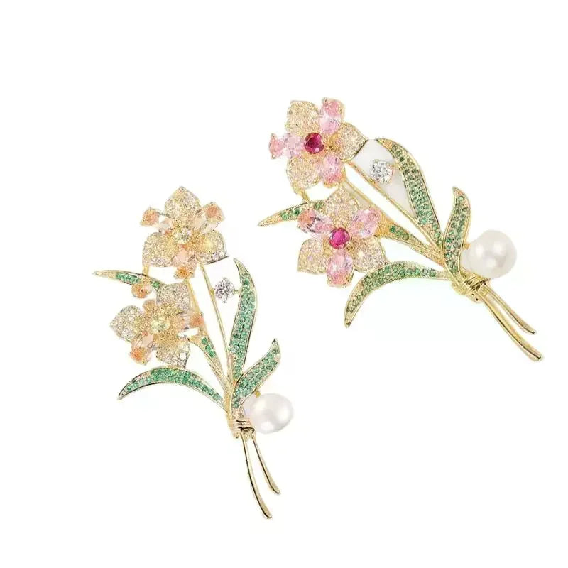 Exquisite Sparkling Crystal Rhinestone Flower Pearl Brooches For Women Clothing Coat Jewelry Accessries Gifts
