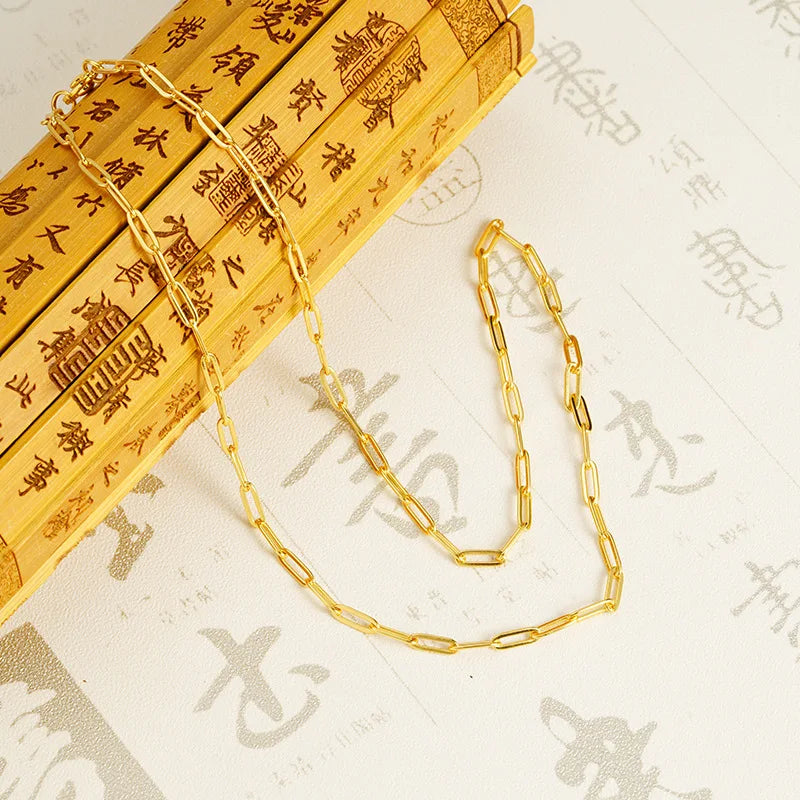 Luxury 24K 9999 Pure Gold real gold Women's Geometric Ring Necklace Light Luxury Chain