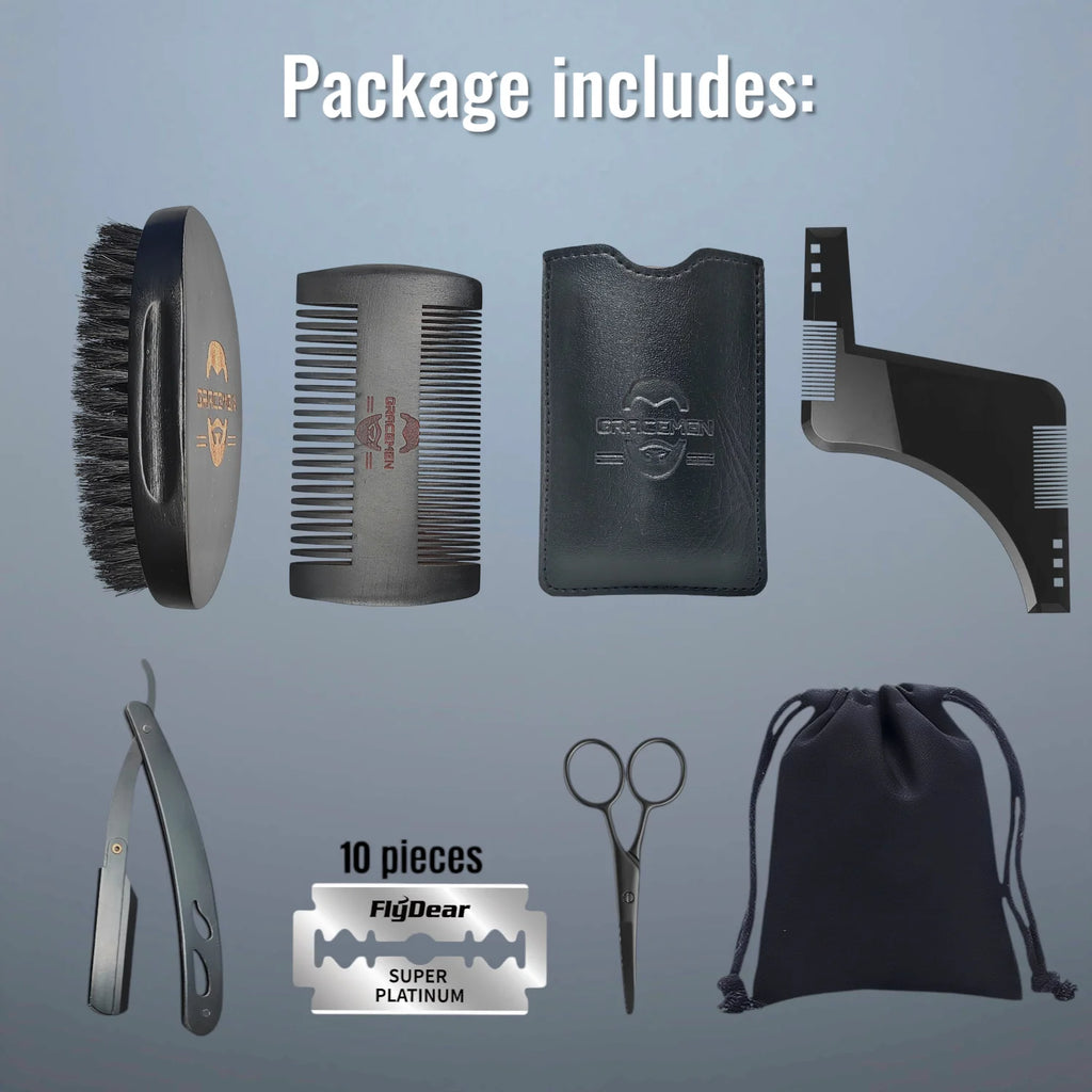 Gracemen Beard Kit - 6 in 1 Grooming Set for Men - Beard Template & Brush & Comb & Case & Straight Razor & Scissors & Travel Bag