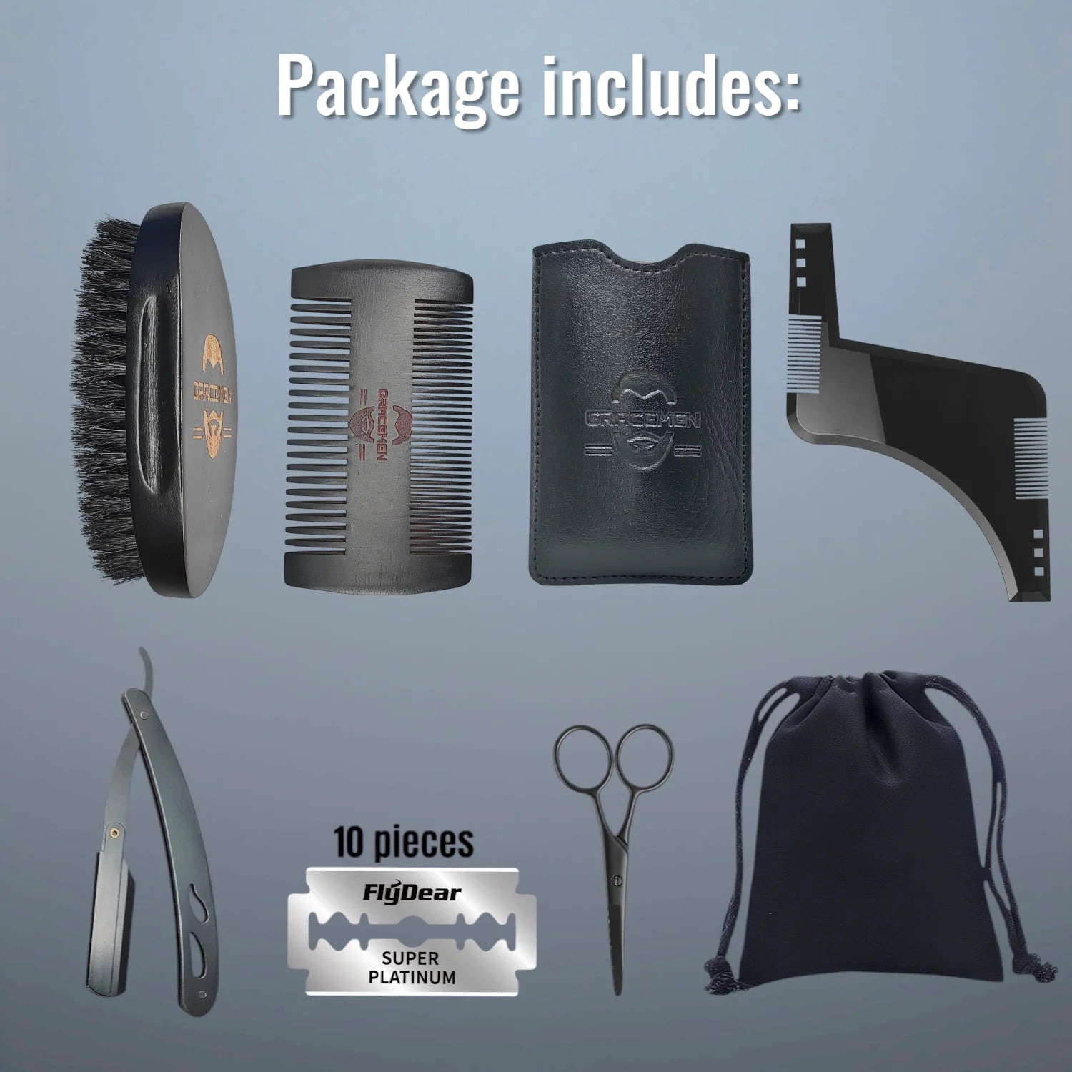 Gracemen Beard Kit - 6 in 1 Grooming Set for Men - Beard Template & Brush & Comb & Case & Straight Razor & Scissors & Travel Bag