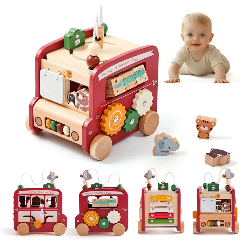 Montessori Wooden Children Toys Busy Toys Educational Games Bus 5 in 1 Busy Box Toys Montessori Baby Toys 0 12 months Gifts Kids